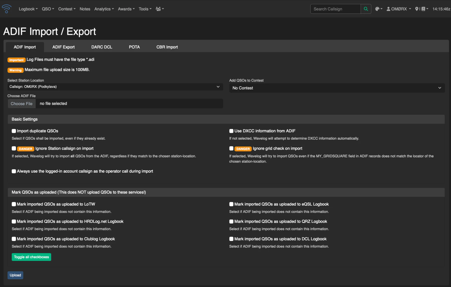 Real Wavelog ADIF import and export screen showing station selection, contest assignment, and import options.