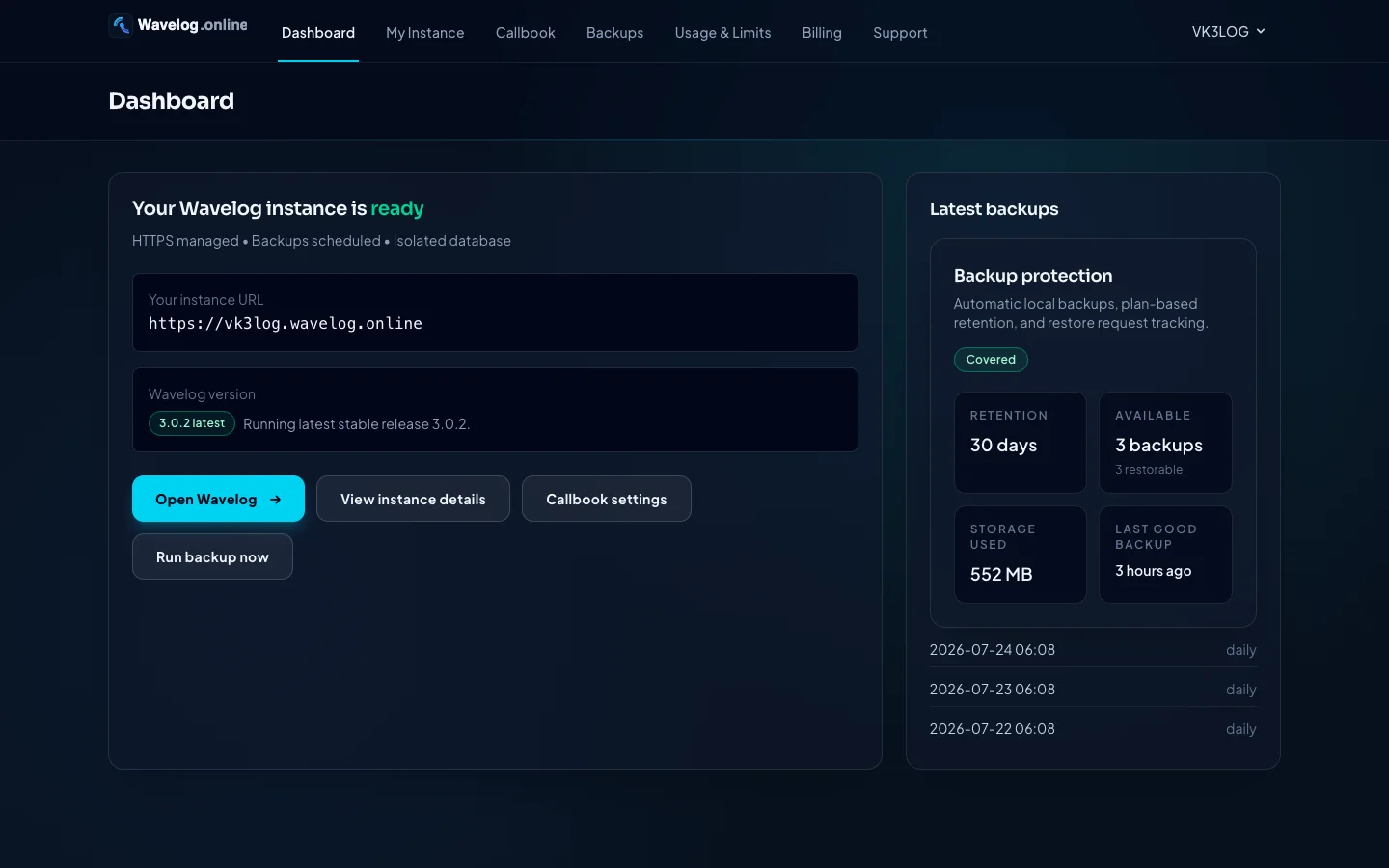 Real Wavelog.online customer dashboard showing instance readiness, Wavelog version, backups, and account controls.