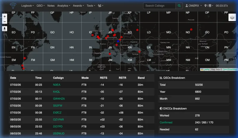 Wavelog dashboard with station totals, map and recent contacts
