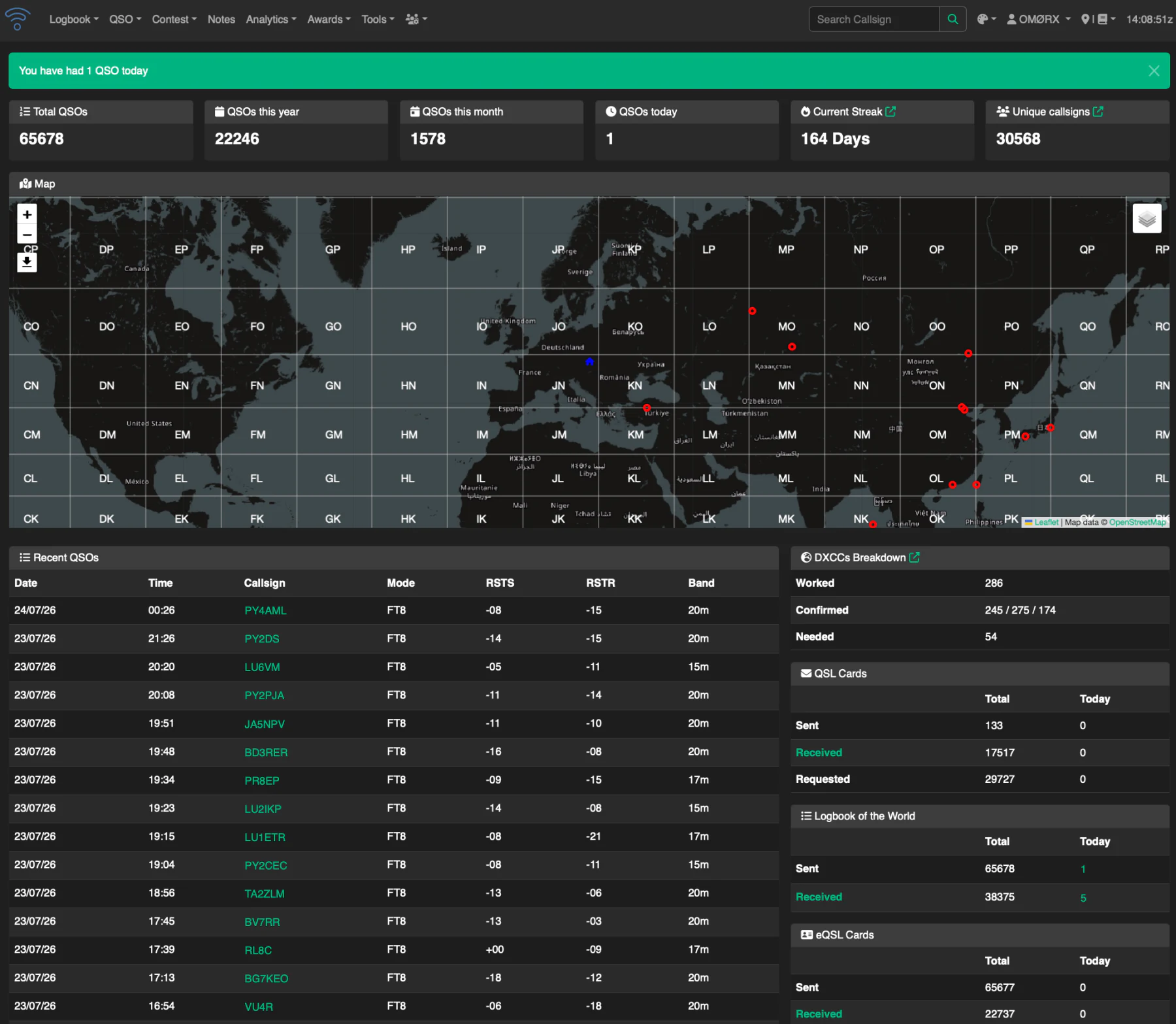 Real Wavelog dashboard showing station totals, a world map, recent QSOs, award progress, and QSL activity.