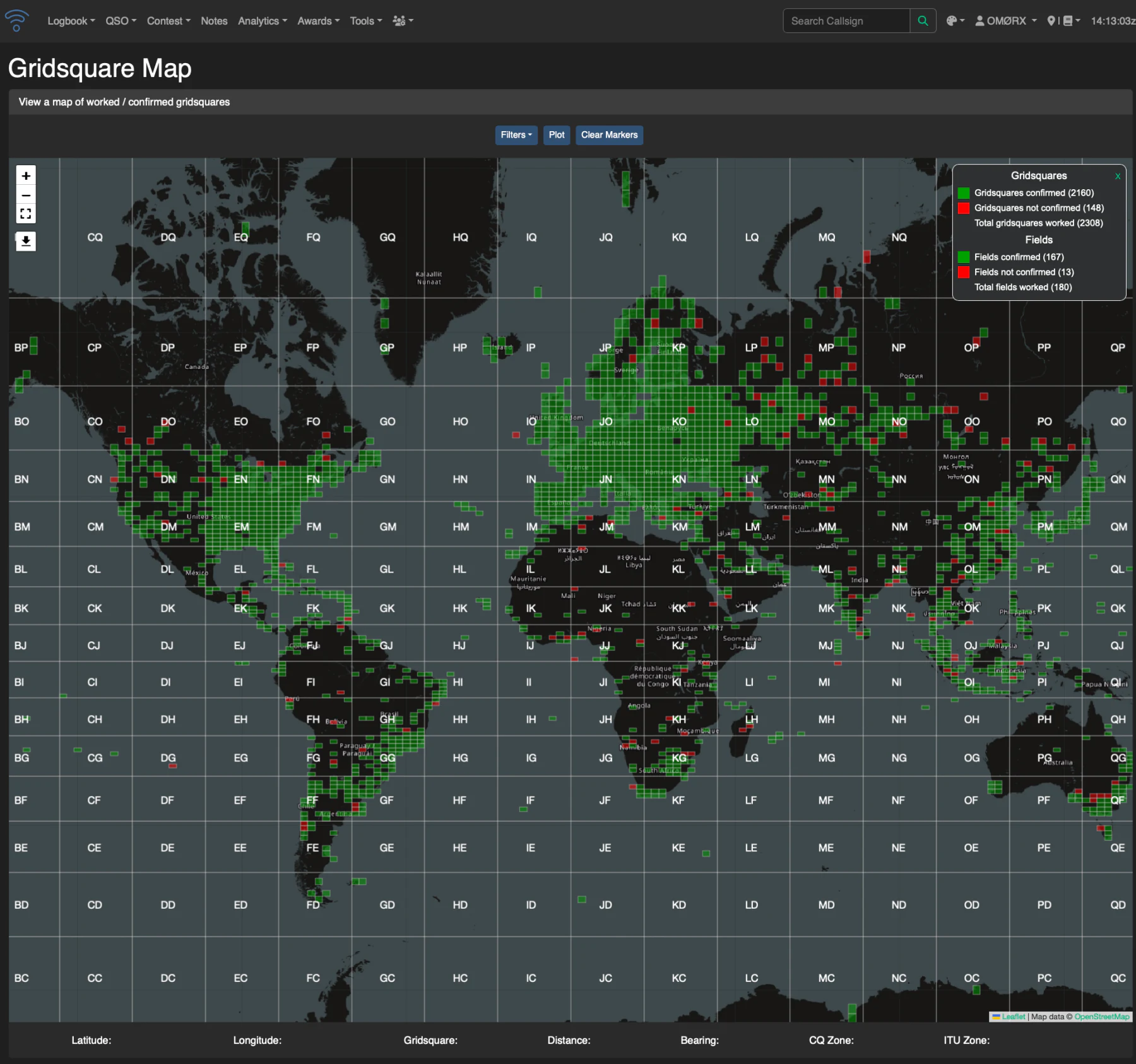 Real Wavelog gridsquare map showing thousands of worked and confirmed grid fields around the world.