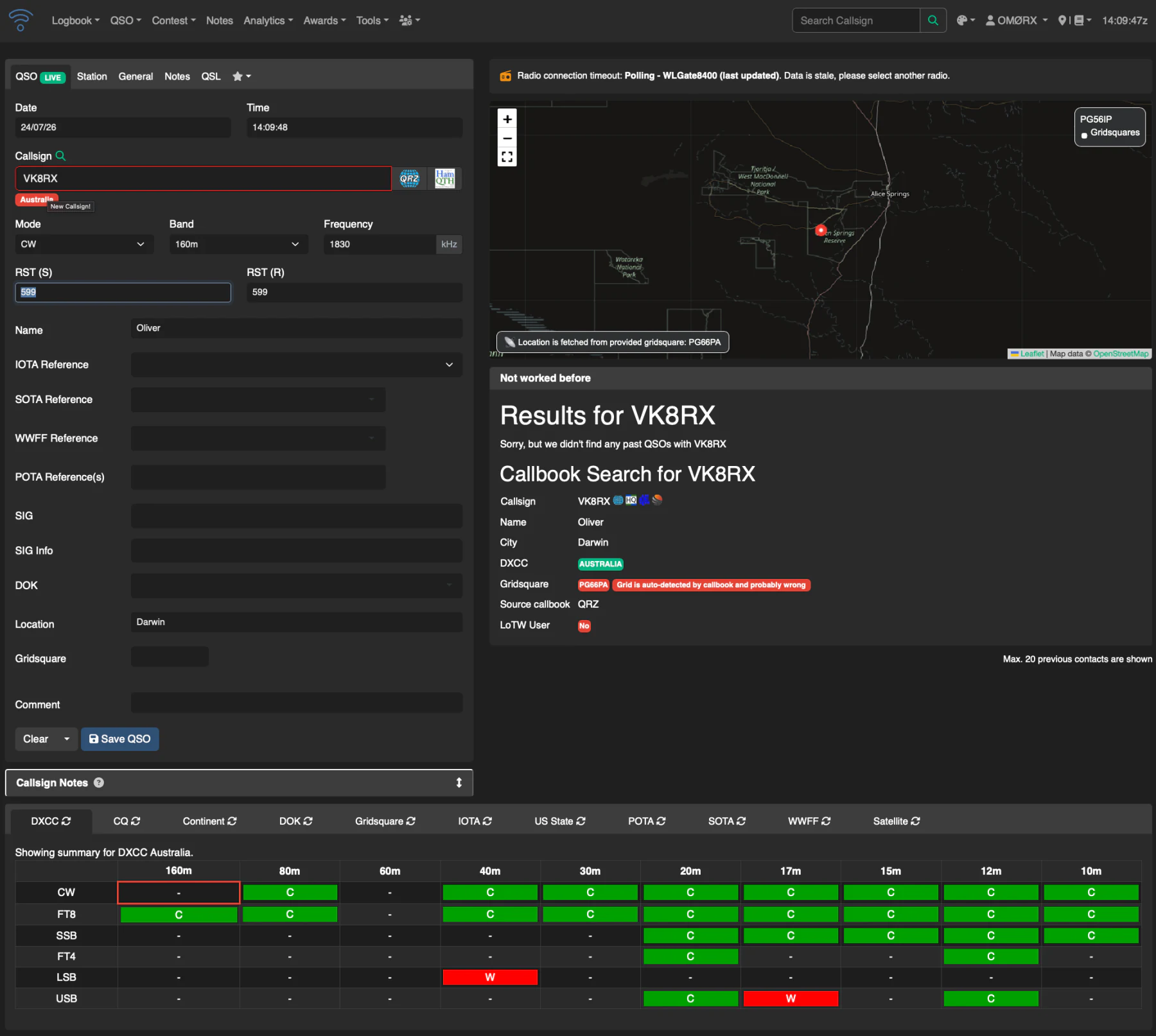 Real Wavelog live QSO form showing callsign lookup, radio data, location map, callbook results, and award status.